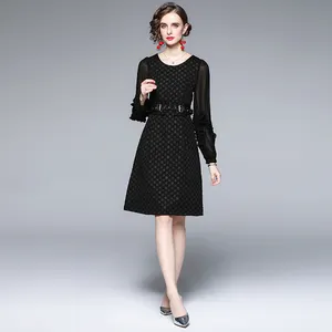 2023 поступление, новые продукты, Элегантное повседневное осеннее французское кружевное трикотажное платье с длинным рукавом, женское черное платье с оборками на талии