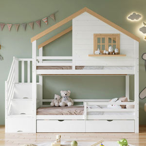 Squisito <span class=keywords><strong>90x200</strong></span> cm letto a due piani per bambini albero di pino MDF scala di stoccaggio bianco naturale piccola casa Design include letto finestra - Product Image 3