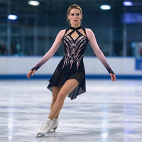 Robe de patinage et de danse pour enfants et adultes, noire et rose, à col licou, découpes, manches longues en maille, dos orné de strass, pour compétition et spectacle de patinage artistique