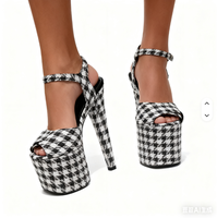 Chaussures de pole dance sexy à talon ouvert de 20 cm, à lacets, motif pied-de-poule, pour l'extérieur, avec semelle intérieure confortable et souple, pour l'été