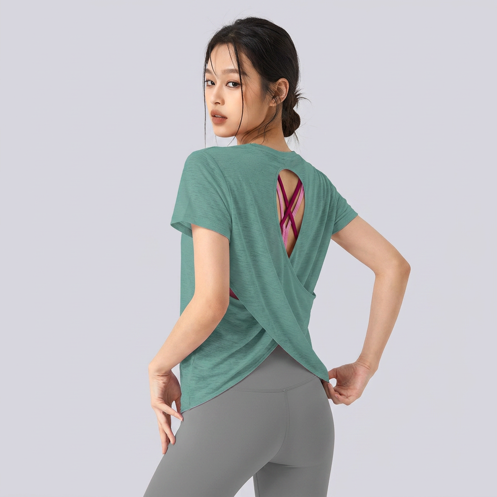 Wholesale Women's Cross Back Cutout Yoga T-shirt Lightweight Sheer Short Sleeve Workout Tee Quick Dry Training Pilates Top