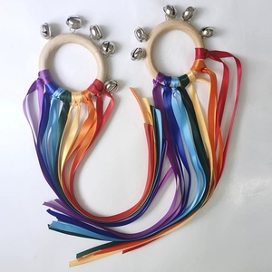 Wholesale Natural <b>Wood</b> Hand Shake Bells With <b>Rainbow</b> Silk Ribbon Orff Percussion Instrument For Infant Sensory Hand Shaker - Product Image 2