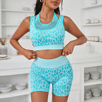 Ensemble de yoga 2 pièces sans couture pour femme, bleu clair, en Spandex/Nylon, taille haute, avec design ajouré en maille, pour le sport et le fitness