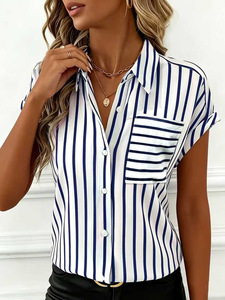 Nueva Camisa a Rayas de Verano para Mujer, Diseño con Botones y Hombros Caídos, con Bolsillo, Blusa Informal para el Día a Día, para Mujer - Product Image 3