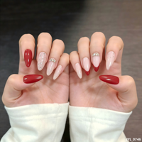 24 faux ongles à presser rouges et blancs, incrustés de strass français, forme amande moyenne, réutilisables, en ABS, pour un usage quotidien
