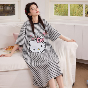 <span class=keywords><strong>Pijamas</strong></span> Casuales de Verano para Mujer, Manga Corta, Rayas, Dibujos Animados, Bonitas, Camisón de Longitud Media, Estilo Coreano, Holgadas, de Algodón, para el Hogar - Product Image 1