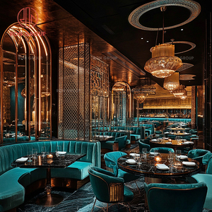 Set di Arredamento di Lusso <span class=keywords><strong>per</strong></span> Caffetteria <span class=keywords><strong>e</strong></span> Ristorante con Divano Curvo in Velluto Blu, <span class=keywords><strong>Tavoli</strong></span> Rotondi con Piano Texturizzato <span class=keywords><strong>e</strong></span> Poltrone Abbinate - Product Image 4