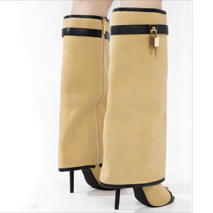 Kadın diz-yüksek Fishnet çizme sivri burun yaz Peep Toe sandalet yüksek topuklu Stiletto Metal köpekbalığı kilit örgü tasarımı - Product Image 4