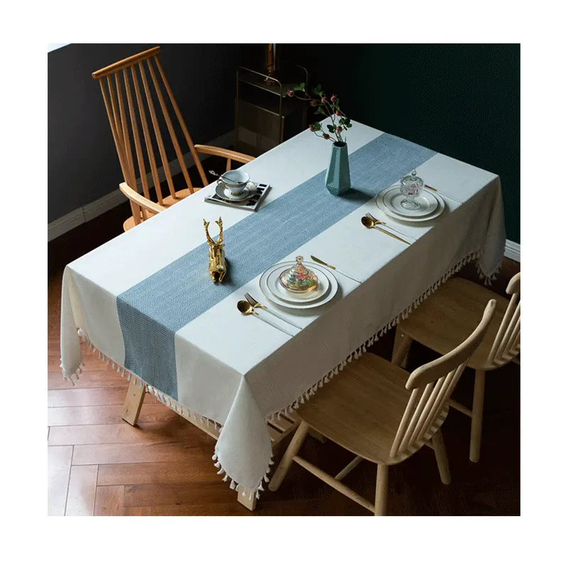 Rectangle Indoor & Outdoor Dining Table Cover Cotton Linen Tablecloths, Wrinkle Free Anti-Fading Table Cloth with Tassel