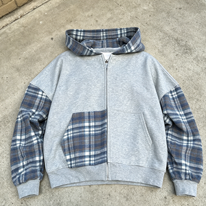 Fabricants de vêtements, sweat-shirt à capuche zippé en tissu French Terry 100% coton, patchwork à carreaux, blocs de <span class=keywords><strong>couleur</strong></span>, pour hommes - Product Image 4