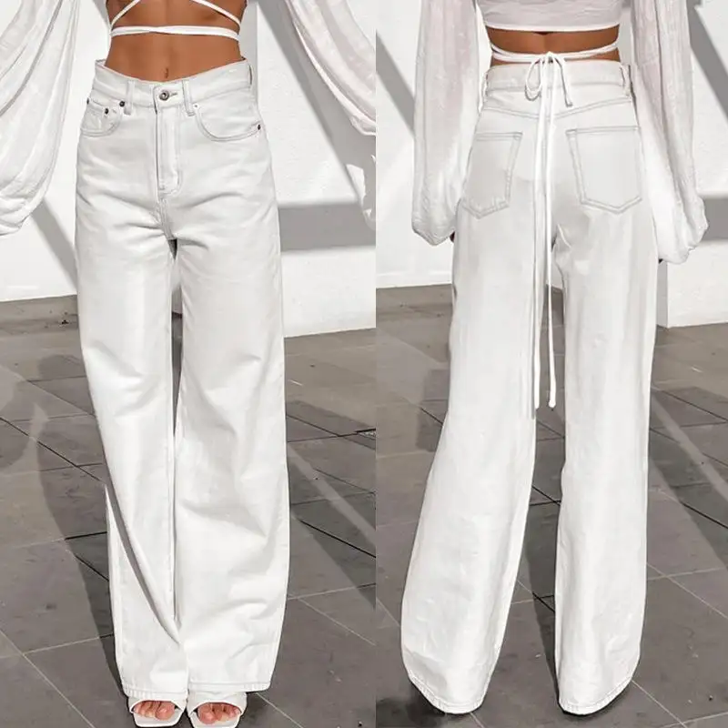 Amazon Wholesale Hight Waist Denim Jeans For Women White Jeans Solid Color Straight Jeans Femme Drape High Waist Straight Pants