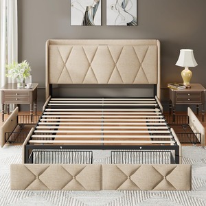 Factory Wholesale Double <strong>Bed</strong> Frame with 4 <strong>Storage</strong> Drawers <strong>Padded</strong> Buttons Fleece 4-inch <strong>Storage</strong> Headboard Beige for Easy Assembly - Product Image 2