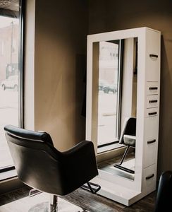 Moderno Double-face LED salone <span class=keywords><strong>specchio</strong></span> <span class=keywords><strong>con</strong></span> poggiapiedi portatile in legno Makeup Station per Beauty Lounge Hairdressing mobili - Product Image 1