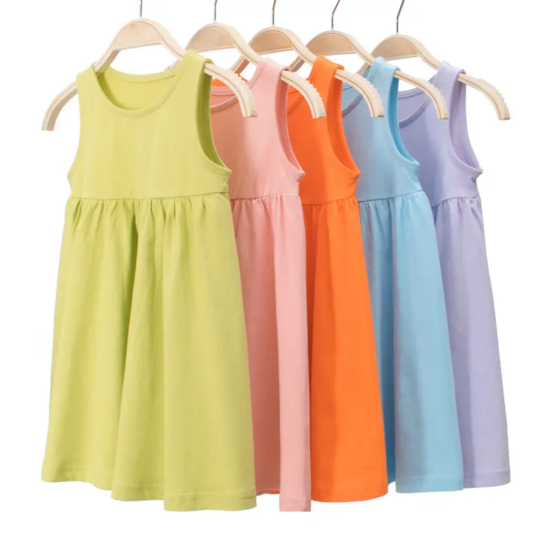 Cheap Wholesale Summer Kids Clothes Sleeveless Solid Color 100%Cotton Cute Casual Princess Girl Dress