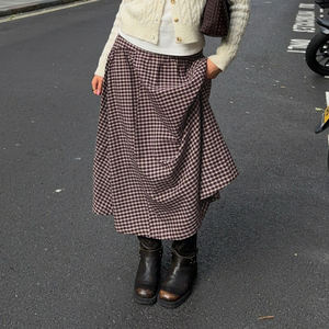 2026 Spring Summer Women High Waist <b>Check</b> Print Flared <b>Skirt</b> Preppy Style Loose Fit Casual Date Floor-Length A-Line Design - Product Image 1