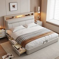 Lit de rangement moderne avec tête de lit LED, base relevable hydraulique, tiroirs latéraux, lit capitonné de luxe taille King pour chambre principale