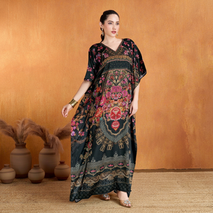High Quality Designer Turkish Style <b>Kaftan</b> Women Polyester Handmade Batwing Sleeves V Neck Regular Fit Flared Hem Midi Eid - Product Image 1