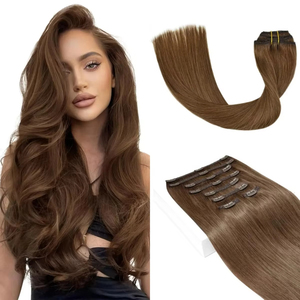Extensions de cheveux brésiliennes Remy à clips, brun <span class=keywords><strong>clair</strong></span>, 120 g, 8 pièces, lisses, brun châtain - Product Image 1