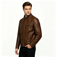 Blouson Moto Homme Vintage Marron en Cuir PU Col Montant Entièrement Zippé Style Café Racer avec Multiples Poches Zippées