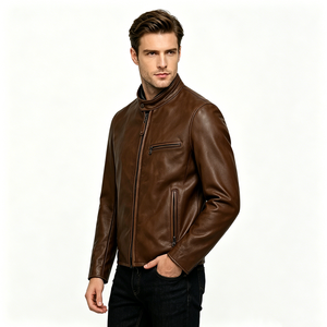 <span class=keywords><strong>Blouson</strong></span> Moto <span class=keywords><strong>Homme</strong></span> Vintage Marron en <span class=keywords><strong>Cuir</strong></span> PU Col Montant Entièrement Zippé Style Café Racer avec Multiples Poches Zippées - Product Image 2