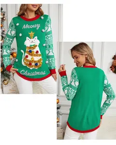 New Jacquard Christmas sweater in autumn and winter cartoon kitten embroidered red sweater