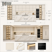 Meubles de cuisine modernes couleur crème ivoire en U avec îlot double cascade en marbre Statuario pour penthouse