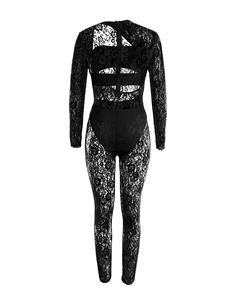 Yüksek kaliteli seksi oyma dantel uzun kollu örgü tulum kadın See Through - Product Image 5