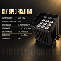 Projecteur LED sans fil à piles 9x18W RGBAW+UV 6-en-1 DMX IP65 pour événements, mariages et location de scènes