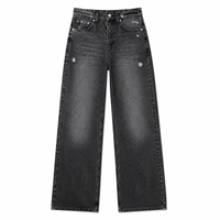Jean en denim noir délavé déchiré taille haute pour femme, coupe large et ample, avec logo personnalisé OEM ODM