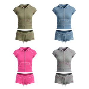 Completo da donna in maglia waffle personalizzabile con logo OEM 2026: Felpa con cappuccio a maniche corte con zip e <span class=keywords><strong>pantaloncini</strong></span> con coulisse – Set casual loungewear - Product Image 1