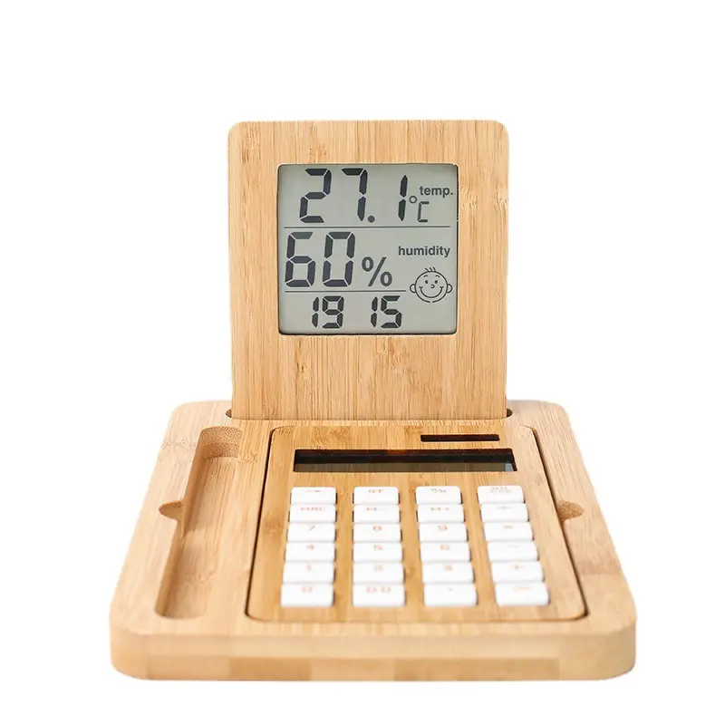 Conjunto de calculadora de temperatura e umidade, de bambu natural, relógio de escola científica, alimentado por energia solar, calculadora mecânica para alunos