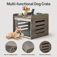 Table d'appoint en bois pour chien avec porte acrylique escamotable, niche pour chien avec station de charge et coussin