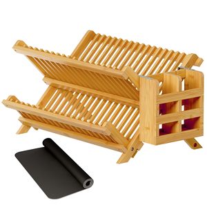 Wholesale 3 Tier <b>Collapsible</b> Dish Drying Rack OEM ODM Custom Logo Utensil Holder Absorbent Mat Non-Folding Modern <b>Storage</b> - Product Image 1