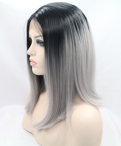 Peluca de cabello humano liso con encaje frontal, pelo corto brasileño virgen, corte bob, color ombré 1B/gris, 100 - Product Image 3
