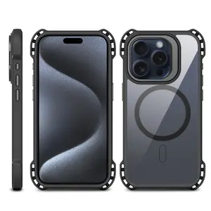 Capa magnética transparente para celular iPhone 15 Pro, nova capa TPU PC com cantos saltitantes, suporte de proteção para câmera