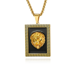 Stainless Steel Lion <b>Head</b> Pendant Necklace For Men Rectangular Black Frame Gold Lion Design Hip Hop <b>Style</b> Jewelry - Product Image 5