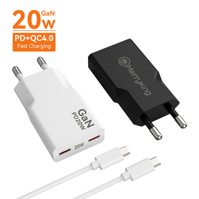 Merryking Wholesale GaN USB Type c Adapter PD 20W Fast Charging Wall Cell Phone Power Charger for IPhones 13 14 X Pro Max