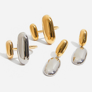 Geometric Stainless Steel Ring And Earrings Set For Women Party Jewelry Oval <b>Shape</b> Color <b>Blocked</b> Fashion Jewelry - Product Image 1