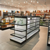 Étagère de présentation double face en grillage métallique avec panneaux solides pour supermarché, épicerie et magasin de proximité