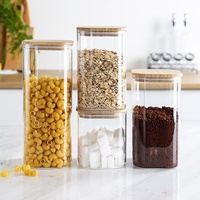 Contenants carrés en verre borosilicate pour aliments avec couvercles hermétiques en bambou – Bocaux à épices empilables pour pâtes, grains de café, sucre