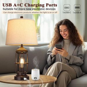 Table <b>Lamp</b> Set Of 2 With USB Ports <b>Touch</b> Control Dimmable <b>Bedside</b> <b>Lamp</b> Farmhouse Rustic Style - Product Image 3
