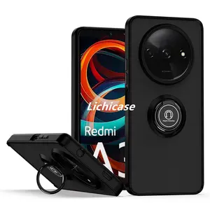 Lichicase For Redmi A3 Frosted Ring Holder Back Cover Straight Edge 360 Rotation Kickstand Case For Iphone Designer Cover