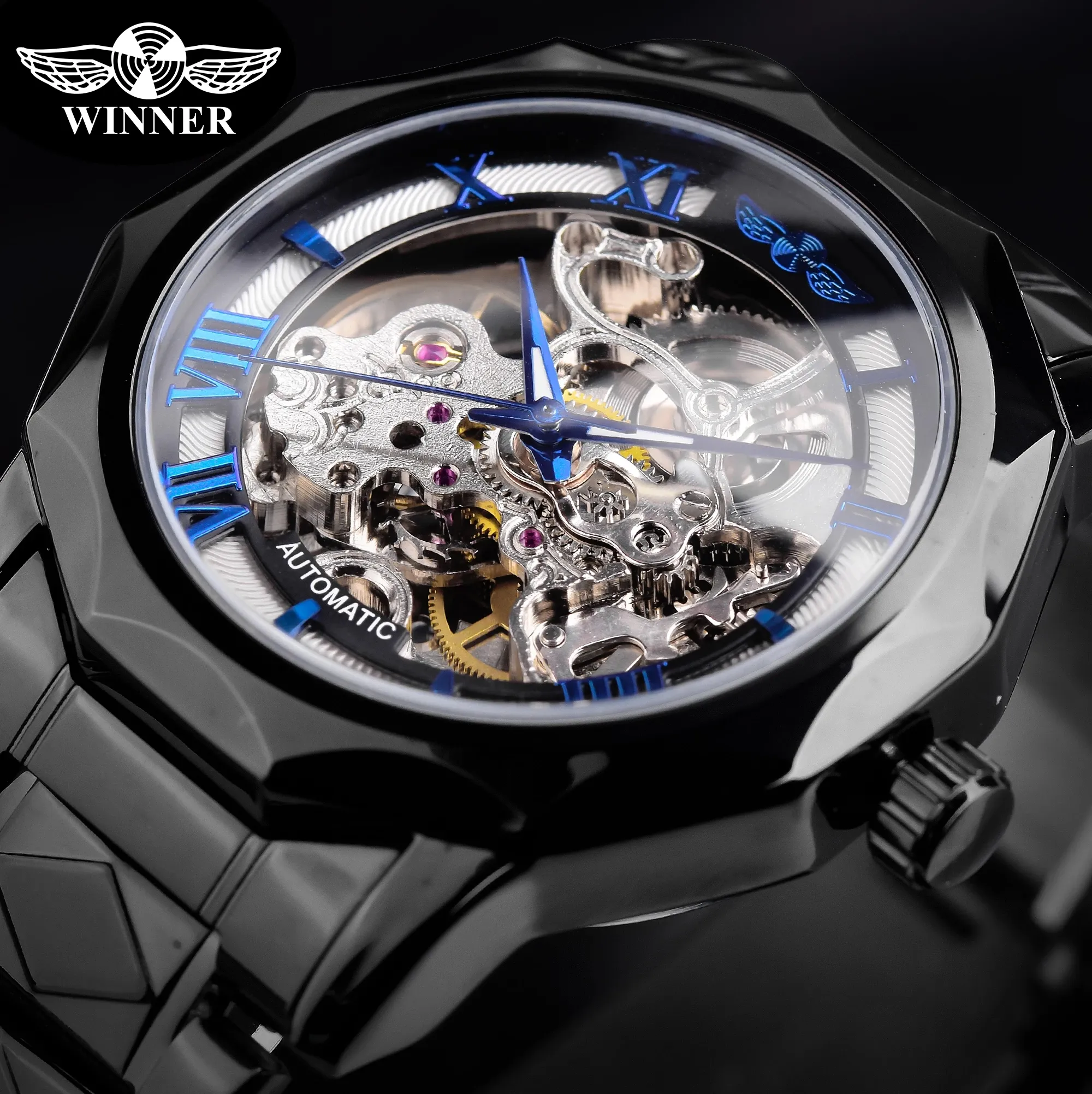 Winner Brand Roman Numerals Mechanical Luxury Men's Watch full automatic skeleton watch hollow For Male