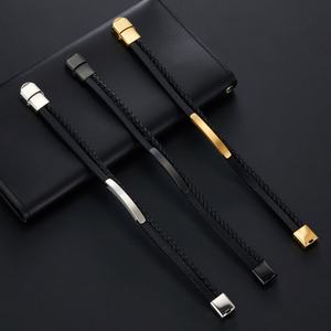 Bracelet pour homme en acier inoxydable 316l personnalisé, gravé, plaqué or 14k 18k, bracelet en cuir tressé multi-couches tendance pour homme - Product Image 1