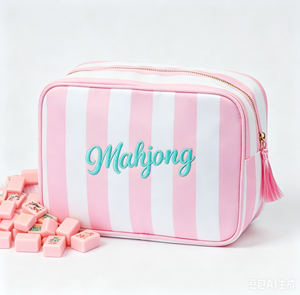 Bolsa de Almacenamiento Premium para Fichas de Mahjong con Monograma Bordado DIY, Rayas Cabana y Borlas, Accesorios para Club de Mahjong - Product Image 1
