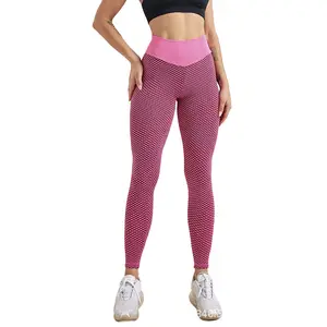 Aoyema özel LOGO kadın dikişsiz kalın tayt 22% Spandex elastik Fitness Yoga giyim örgü Net Squat ve Rise geçirmez tayt