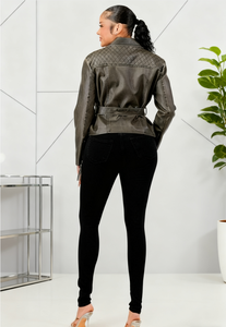 Blouson moto matelassé en PU pour femme, coupe-vent, fermeture éclair asymétrique sur le devant, poche zippée, ceinture à la taille pour le printemps, l'automne et l'hiver - Product Image 4