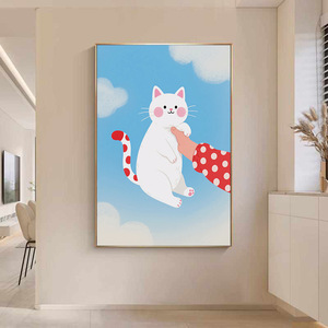 Impression sur toile murale Chat blanc mignon, queue à pois, main à manches rouges, ciel bleu et nuages, décor de chambre d'enfant fantaisiste pour la maison et le salon - Product Image 6