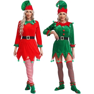 Costume d'elfe de Noël pour adulte, 5 pièces, robe de bouffon en velours avec chapeau d'elfe, bas rayés, couvre-bottes pour fête de Noël, cosplay - Product Image 1