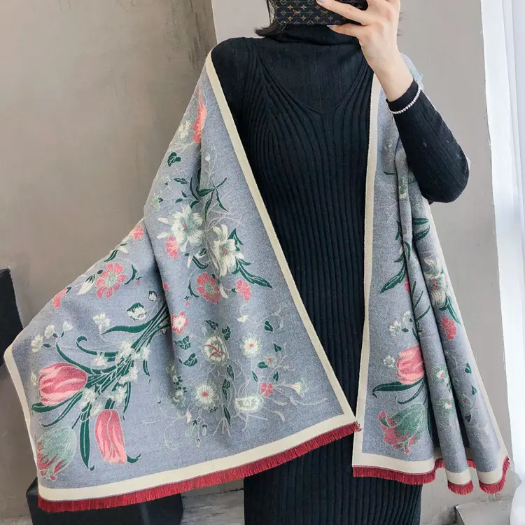 Winter Neueste Stil Mode Frauen Acryl Kaschmir Blumen druck Schal Warmer doppelseitiger Pashmina Dicker Schal